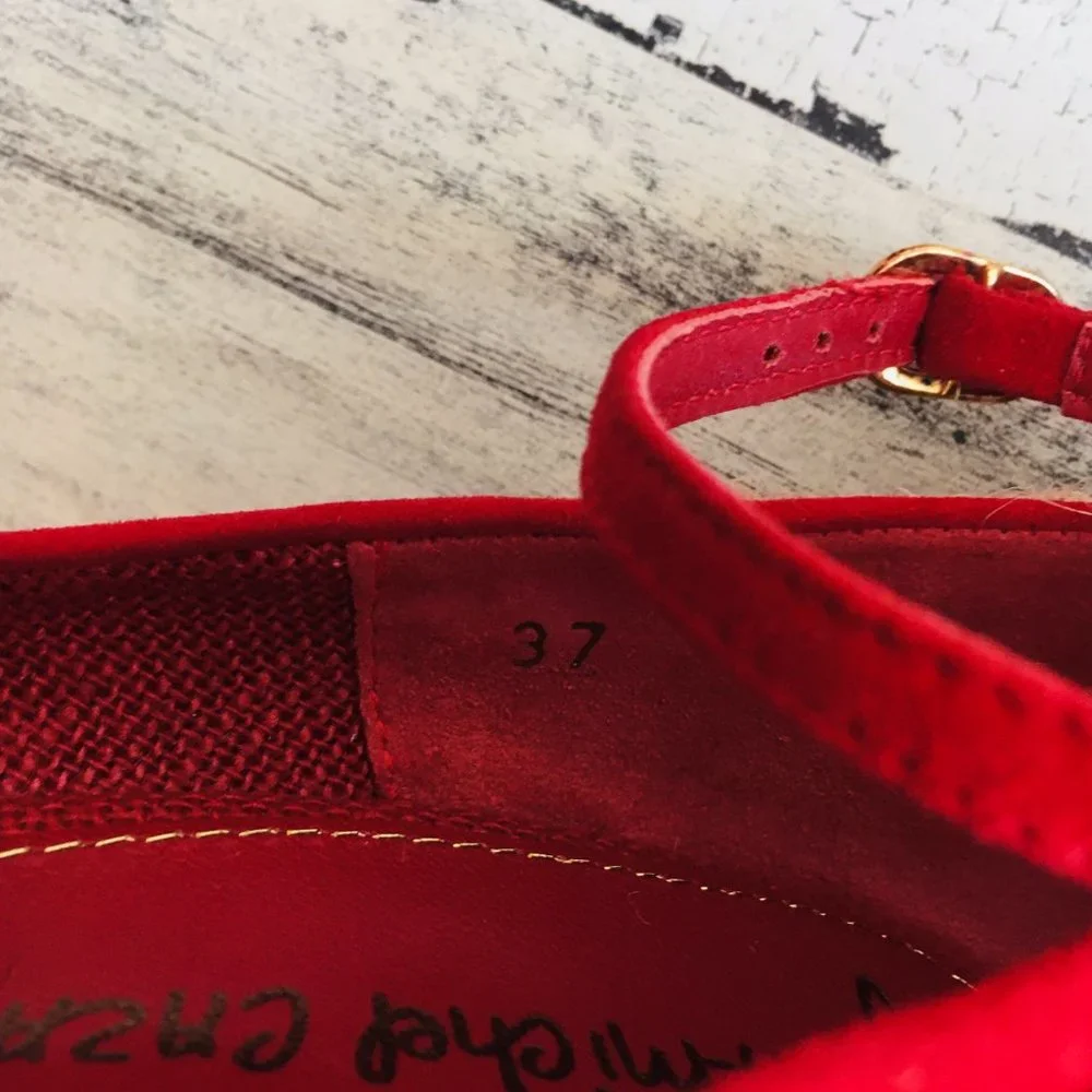 NIB Jean Michael Cazabat Zulaka Red Wedge Espadrille Ankle Strap Suede - Picture 7 of 10